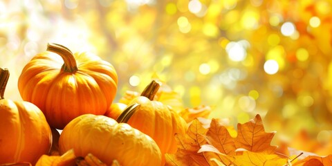 Pumpkins nestled among autumn leaves, perfect for fall, harvest, or Thanksgiving themes.
