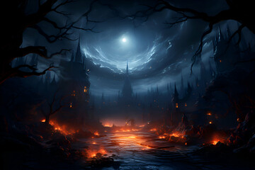 Spooky halloween background with dark forest and full moon.