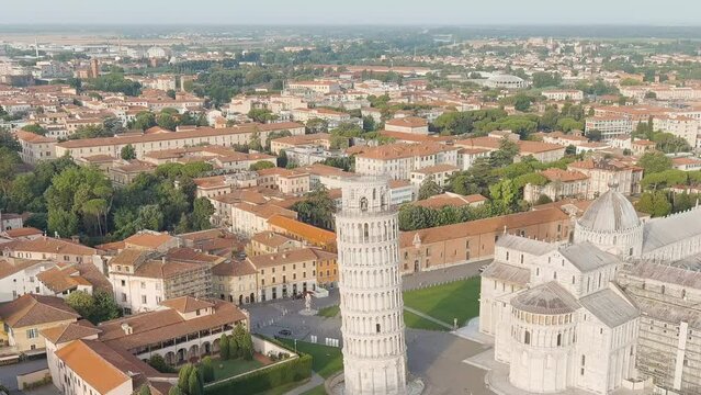 Dolly zoom. Pisa, Italy. Famous Leaning Tower and Pisa Cathedral in Piazza dei Miracoli. Summer. Morning hours, Aerial View