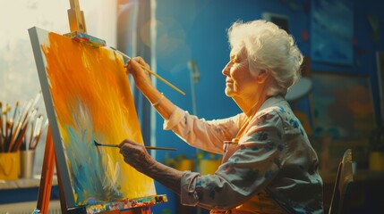 Inspiring image of older person finding joy in painting, great for stories on hobbies or active seniors.