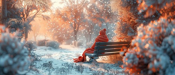 Romantic 3D scene of a couple sharing a wool scarf on a snowy bench, capturing a moment of love and warmth  Color Grading Teal and Orange - obrazy, fototapety, plakaty