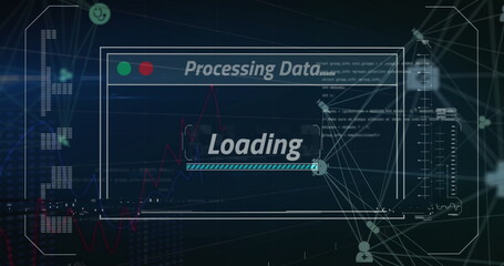 Image of data processing text over screen and network of connections