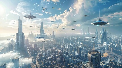 futuristic floating city with skyscrapers and flying cars in a utopian aerial view digital painting - obrazy, fototapety, plakaty