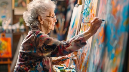 Elderly woman painting passionately, perfect for themes of lifelong learning or artistic hobbies.