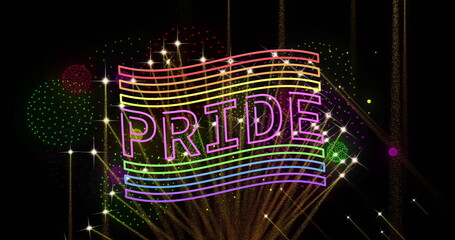Image of pride rainbow text and flag and fireworks exploding on black background