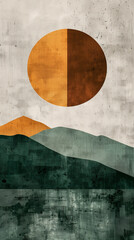 abstract landscape vertical wallpaper with mountains and sun / moon in geometric shapes and grunge texture illustration 