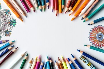 Vibrant Colorful Colored Pencils Arranged in a Circle on White Background with Space for Text