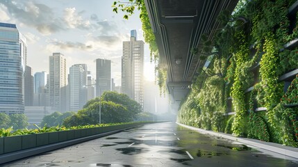futuristic green sustainable highway in a modern city with skyscrapers and lush vegetation 3d rendering - obrazy, fototapety, plakaty