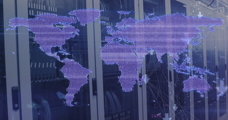 Distorting purple digital world map over computer server room