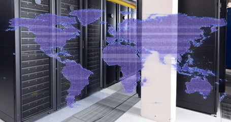 Distorting purple digital world map over computer server room