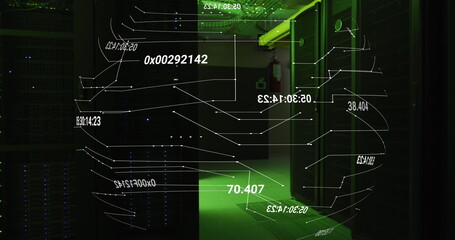 Networks and data processing over green lit, dark computer server room