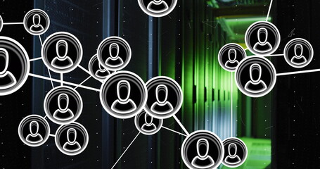 Network of people icons moving over green lit, dark computer server room