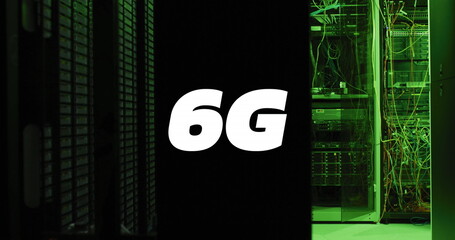 Image of 6g text banner against empty computer server room