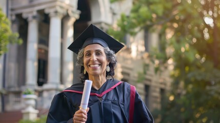 Senior woman in graduation gown, great for education and achievement topics.