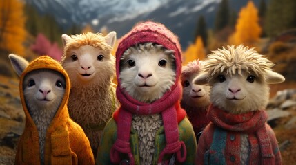 Whimsical 3D render of animals wearing colorful wool scarves, bringing joy and warmth to a fantasy forest  Color Grading Complementary Color - obrazy, fototapety, plakaty