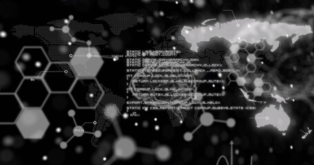Image of dna strand and human brain with data processing over black background