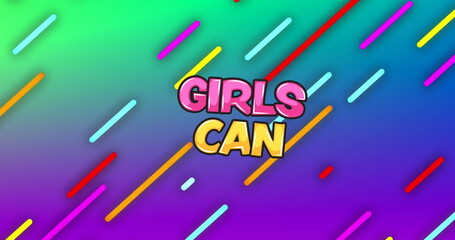 Image of girls can text and abstract shapes moving over green to purple background