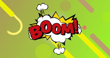 Image of retro boom text and abstract shapes moving over green background