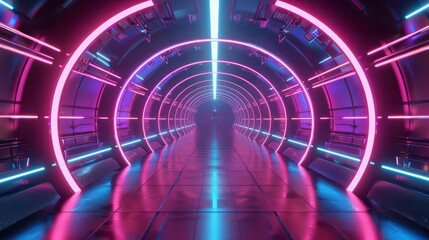 futuristic neon tunnel with glowing lights and reflective surfaces 3d render