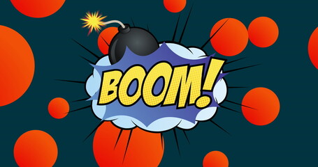 Image of retro boom text and abstract shapes moving on over dark background