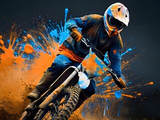 Motocross rider on a motorcycle, a man riding a dirt bike on top of a dirt field with orange and blue paint splatters, key art, action painting