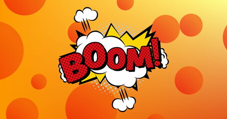 Image of retro boom text and abstract shapes moving on over orange background © vectorfusionart