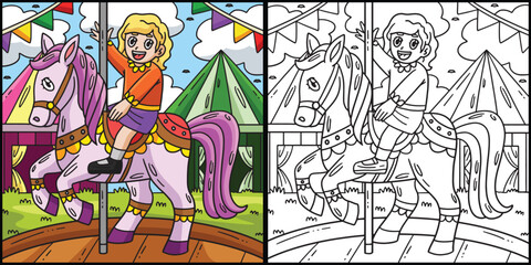 Circus Child on Horse Coloring Page Illustration