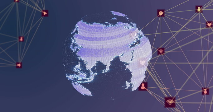 Image of network of digital icons over spinning globe against purple gradient background