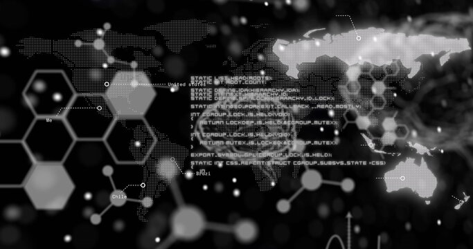 Image of dna strand and human brain with data processing over black background