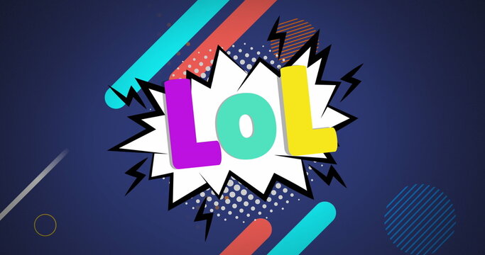 Image of retro lol text and abstract shapes moving over blue background