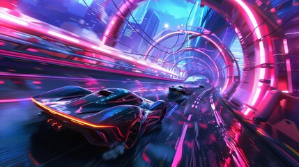 futuristic racing scene with sleek hovering vehicles on a neonlit track digital concept art
