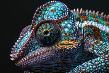 Closeup of vibrant patterned chameleon head with colorful body markings in the background