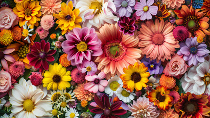 Mixed colorful flowers background. Vibrant colors