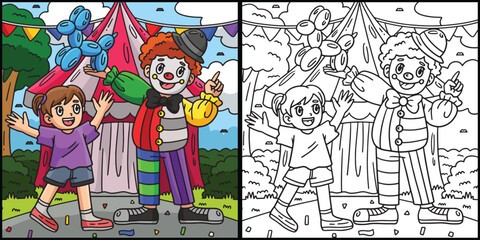 Circus Child and Clown Coloring Page Illustration