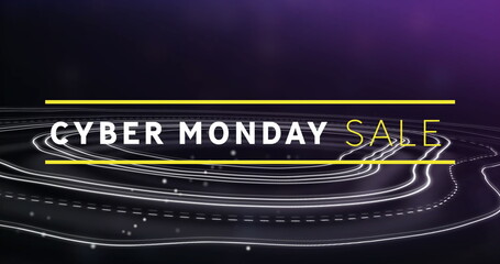 Image of cyber monday sale text banner and topography against purple background