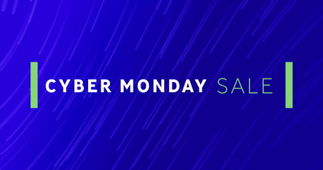 Image of cyber monday sale text banner over light trails falling against blue background
