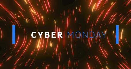 Image of cyber monday text banner over red light trails spinning against black background