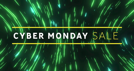 Image of cyber monday sale text banner over green light trails spinning against black background
