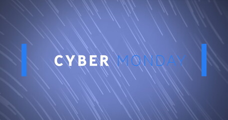 Image of cyber monday text banner over light trails falling against blue background