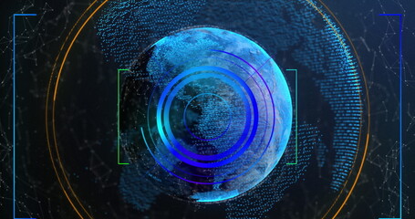 Image of network of connections and scope scanning over spinning globe on blue background