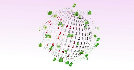 Image of network of digital icons over globe of binary coding against pink gradient background