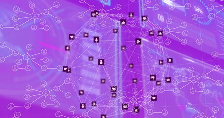 Image of globes of digital icons and network of profile icons against purple gradient background