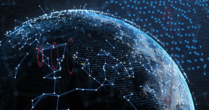 Image of network of connections and round scanners over spinning globe against blue background