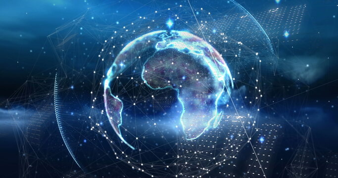 Image of binary coding and light trails over spinning globe against blue background - Powered by Adobe