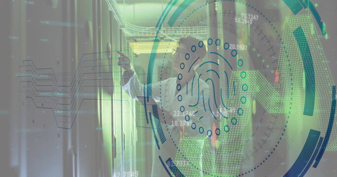 Image of fingerprint scanner over asian male engineer using tablet working at server room - Powered by Adobe