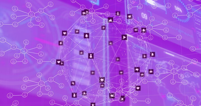 Image of globes of digital icons and network of profile icons against purple gradient background - Powered by Adobe