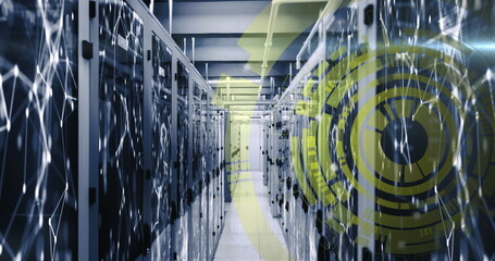 Image of loading circles and connected dots on server racks of server room