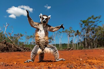 Playful lemur in a dynamic pose under bright blue sky, nature. Wildlife photography with a humorous touch. Vibrant colors, outdoor scene. Generative AI