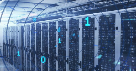 Image of looping binary codes in circular tunnel over bars on server racks in server room