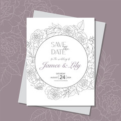 Line Art Roses Wedding Invitation template, Outline Rose Flowers Minimalist Wedding Stationery